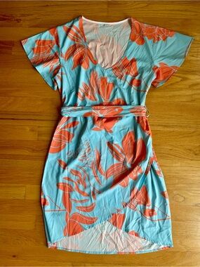 Turquoise & Coral Floral Wrap-Style Dress